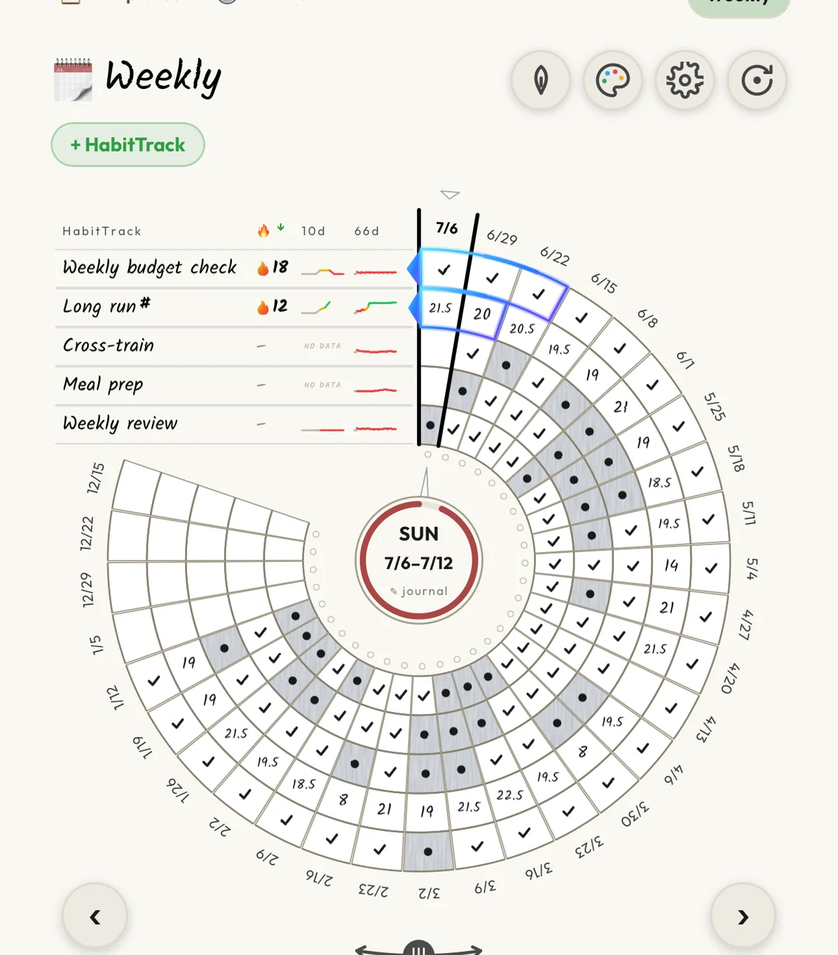 Buck A Month Habits weekly view showing thirty weeks of habit history at a glance